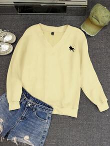 SHEIN EZwear 女款休閒寬鬆V領小碎花圖案衛衣，淺黃色，適合秋冬穿著 - 鵝黃色 - 查看 4