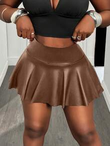 BamGleam Women's Solid Color High Waist PU Leather Ruffle Skorts - Brown - View 3