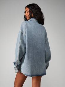 MISSGUIDED Oversized Denim Shirt Jacket With Colorful Gem Crystal Details Button Down Long Sleeve Vintage Washed - Medium Wash - View 2