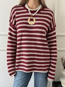 Livesso Áo len dài tay cổ tròn in họa tiết sọc thường ngày cho nữ, mùa thu - Màu Đỏ Sâu - Xem 3