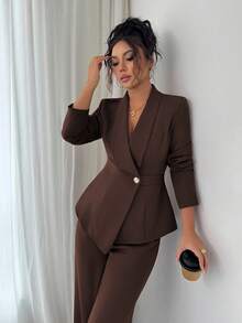 Elenzga 女士西装套装，西装面料，翻领，长袖，腰部收紧 A 字形不对称下摆，金属纽扣装饰，精致优雅，适合办公室、通勤、街头风格、法式浪漫、休闲、中东复古、下午茶、派对、感恩节、返校、春/秋/冬 - 巧克力棕 - 查看 6