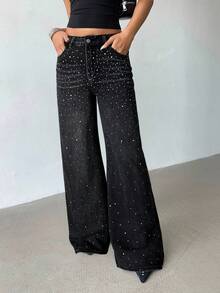 Aloruh 女式低腰亮片拼接优雅口袋牛仔裤 - 灰色 - 查看 5