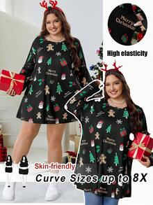 SHEIN CURVE+ Áo thun tay dài cổ tròn in khẩu hiệu Giáng sinh hình người bánh gừng cỡ lớn dành cho nữ - Nhiều màu - Xem 1