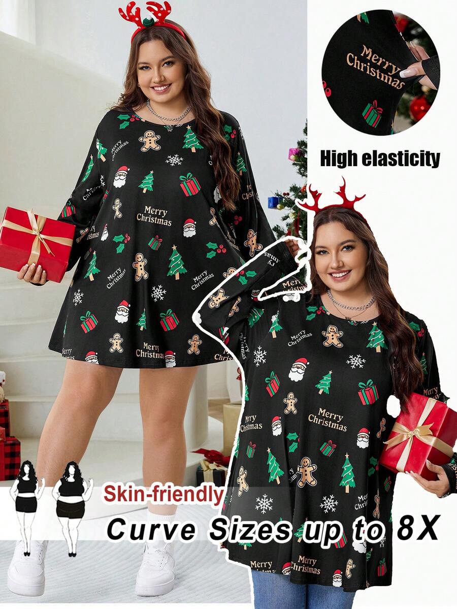 SHEIN CURVE+ Áo thun tay dài cổ tròn in khẩu hiệu Giáng sinh hình người bánh gừng cỡ lớn dành cho nữ - Nhiều màu - Xem 1