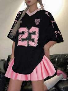 Sparklyn 2pcs Set Teen Girls Pink Bow & Letter V-Neck Black Loose T-Shirt With Pink V-Shaped Pleat Mini Skirt, Sweet And - Multicolor - View 1