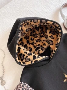 青少年女孩休闲街头豹纹仿皮草帽，五角星和豹纹图案，适合街头风格，连帽运动衫 - 彩色 - 查看 4