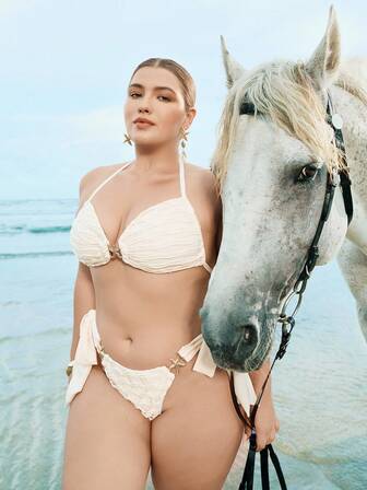 SHEIN Swim Curve Plus Size Women 2pcs Solid Color Starfish Decor Hollow Mesh Textured Tie-Up Vacation Bikini Set Set