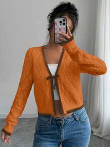 Rafferiza French Casual Versatile Diamond Textured Long Sleeve Pullover Knit - Orange - View 4