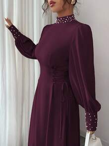 Elenzga Váy midi cổ cao tối giản thanh lịch dành cho nữ, phù hợp mặc đi làm, đi nghỉ, đi biển, tiệc trà chiều, tiệc tùng, phong cách cổ điển, giáo viên, màu trơn, màu tương phản, trang trí ngọc trai, thắt eo bên hông, tay áo loe hình lồng đèn, dáng chữ A, xuân/thu/đông - Màu Tím - Xem 7