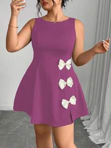 Elenzga 大码女式优雅法式蝴蝶碎花修身夏装 - 中紫紅色 - 查看 1