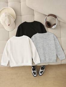 SHEIN Playful Pals 3 件套休闲百搭黑白灰色长袖圆领运动衫，适合幼儿男孩，基本款套头衫，秋冬，男婴服装，男女通用黑白灰色女婴套头衫