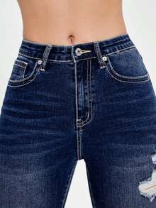 EURMUSE Blugi casual rupți, croială slim, lungime 7/8 - Spălare întunecată - Vizualizare 5