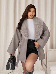 Auralis Plus Size Solid Color Faux Fur Patchwork Long Sleeve Overcoat, Autumn/Winter