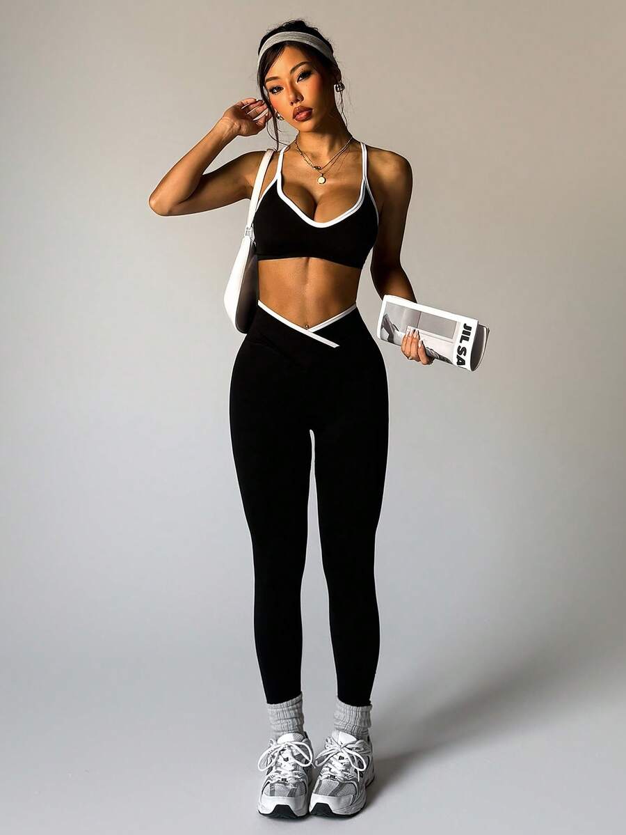 Dewbera Women's Contrast Trim Elastic Criss-Cross Back Sports Bra And Leggings Yoga Workout Set Active Two Piece Set Activewear Set Workout Legging Two Piece Set Seamless Workout Set Bra And Leggings Set Curve Activewear Set Gym Two Piece Set Yoga Two Piece Set Sporty Two Piece Set - Black - View 1