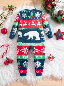 SHEIN Babygirl Cute Christmas Knitted Cartoon Pattern Long-Sleeved Home Clothes Set,Red And White Stripe,Autumn,Lounge Snug Fit Elk Snowflakes Polar Bears - Multicolor - View 2