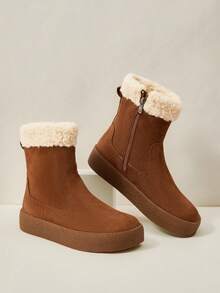 OUTDOORSY Women Side Zipper Fashion All-Match Snow Boots With Thermal Lined For Christmas And New Year Holiday Vibe Fall And Winter - Khaki - View 1