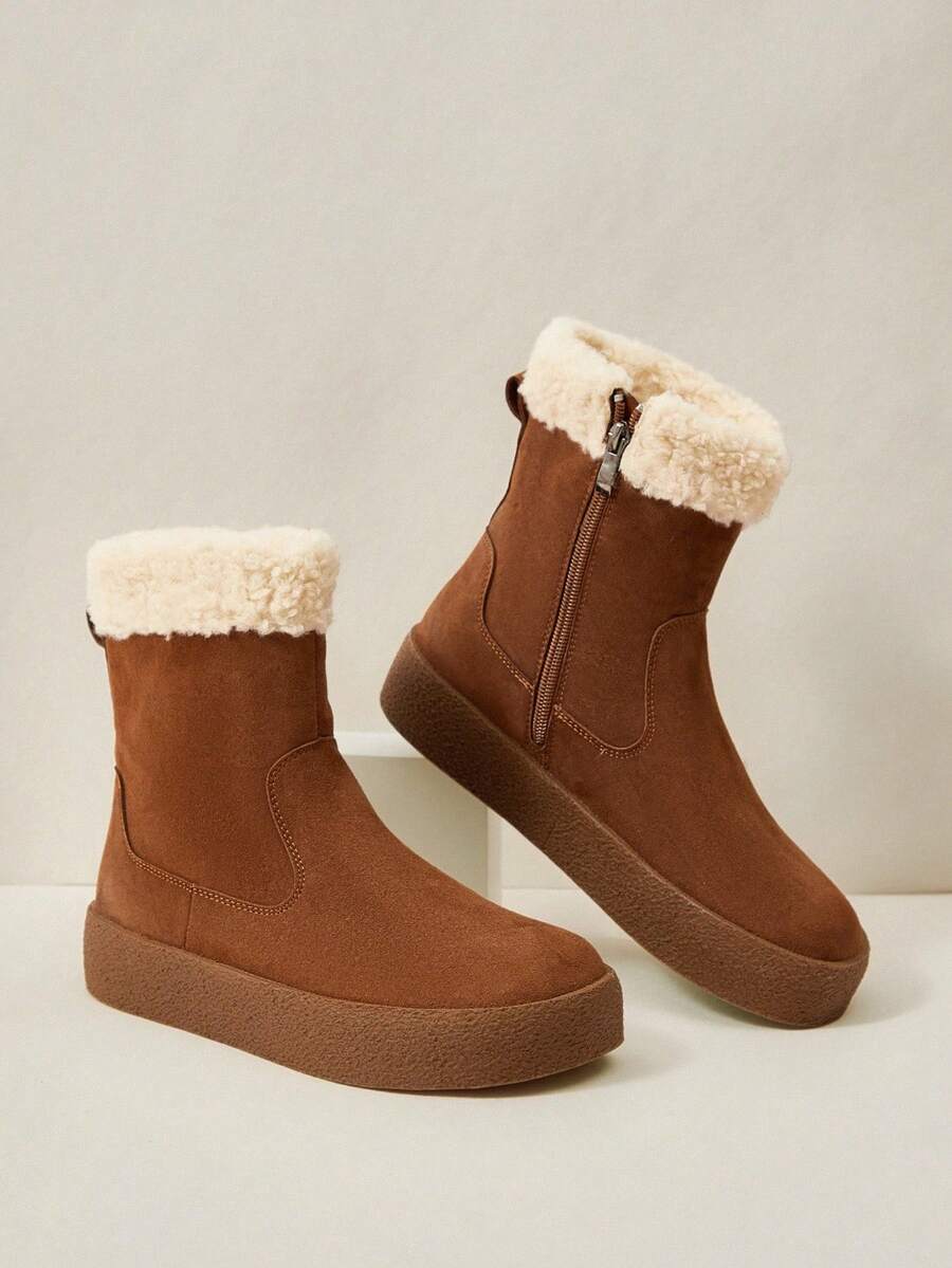 OUTDOORSY Women Side Zipper Fashion All-Match Snow Boots With Thermal Lined For Christmas And New Year Holiday Vibe Fall And Winter - Khaki - View 1