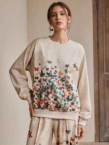 Anewsta Fashionable Round Neck Printed Casual Women Long Sleeve Sweatshirt, Elegant - Yellow - View 4