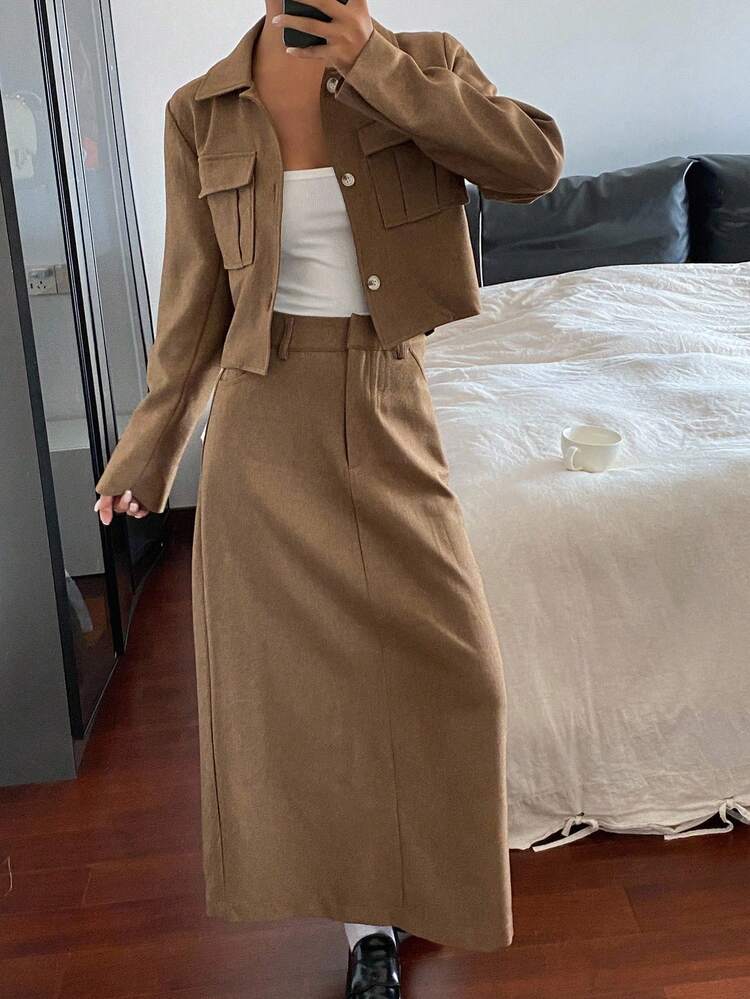 Women 2 Pieces Set: Loose Pocket Lapel Long Sleeve Jacket Coat & Straight Hem Skirt, Casual Autumn/Winter Outfit
