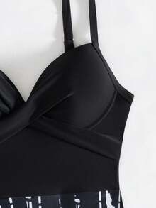 Swim Lushoire Women's Summer Beach Vacation Camisole Strap Bikini, Tummy Slimming Molded Cup Non-Removable Padded Underwire Push Up Separate Swimsuit Bikini Bottom Beachwear High Waisted One Piece Swim Dress Tummy Control Swimsuit 2 Piece Skirt Swimsuit - Black and White - View 8