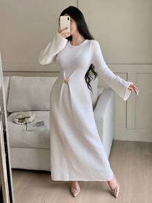 Feyla Women's Solid Color Round Neck Metal Decor Flare Sleeve Extra Long Knit Dress Autumn Winter Clothes For Women - White - View 5