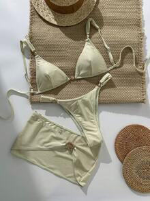 Swim Chiccia 女士纯色香槟色闪亮比基尼套装带贝壳装饰，裹身裙，休闲，度假，沙滩，派对性感泳衣 - 香檳色 - 查看 3