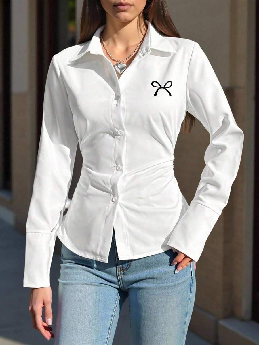 Teen Girl Bow Print Long Sleeve Button-Down Fitted Casual Shirt - White - View 1