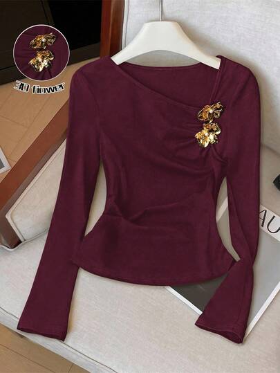 GlowEve 女士简约金属花朵装饰长袖T恤，通勤友好