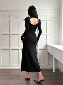 Modelyn Vestido de punto con cuello alto, decoración de encaje y diseño caladounicolordo, para otoño e invierno, ropa de mujer - Negro - Ver 1