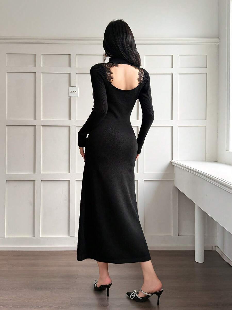 Modelyn Vestido de punto con cuello alto, decoración de encaje y diseño caladounicolordo, para otoño e invierno, ropa de mujer - Negro - Ver 1
