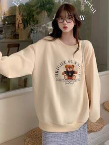 DAZY Áo nỉ cổ tròn lót nhiệt in hình gấu hoạt hình dành cho nữ, Thu/Đông - Vàng nhạt - Xem 9