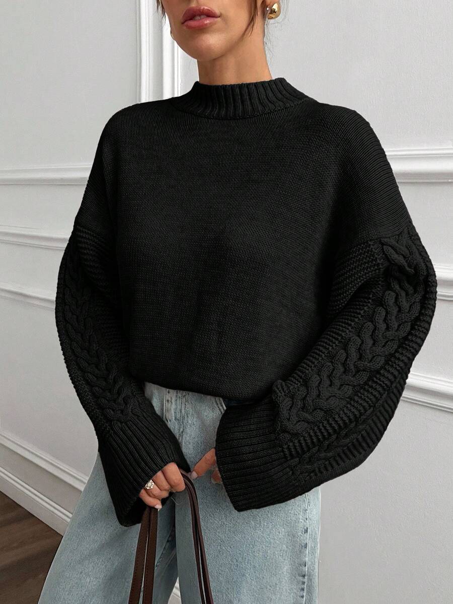 EURMUSE Women Solid Color Mock Neck Cable Knit Detailed Sleeve Drop Shoulder Pullover - Black - View 1