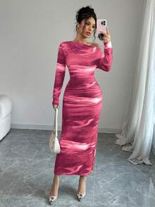 Elenzga Women Tie-Dye Print Round Neck Fitted Long Dress, Elegant (Random Floral Pattern) Maxi Women Outfit - Pink - View 4