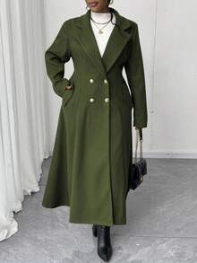 Maweii Plus Size Women's Square Neck Lapel Open Front Water Blue A-Line Pocket Mid-Length Elegant Vintage Casual Cute Overcoat, Autumn/Winter - Army Green - View 2