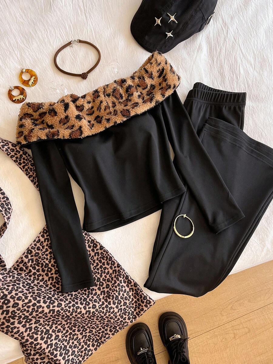 2pcs/Set Teen Girl Off Shoulder Fitted Long Sleeve T-Shirt With Flannel Leopard Print Collar And Elastic Waist Flared Pants, Casual Outfit For Autumn Fall Winter - Black - View 1