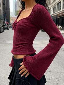 Jouncy Women Solid Color Knotted Off Shoulder Elegant Long Sleeve Sweater Knit Pullover Fall Winter - Burgundy - View 6