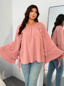 Enliva Áo kiểu tay dài dáng rộng có bèo nhún dành cho nữ cỡ lớn Jennifer Samantha Style, phù hợp với dáng người tròn trịa, thích hợp cho Ngày Valentine, Tình yêu, Quà tặng, Lãng mạn, Chúc mừng Ngày Valentine, 2026, Năm mới - Hồng - Xem 5