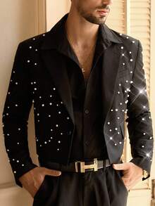 HIMLAND Men's Faux Pearl Decor Long Sleeve Fashion Suit Blazer , Wedding Black Suit