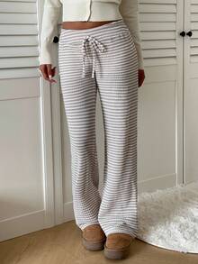 SHEIN EZwear 女士系腰条纹直筒宽松休闲裤 - 卡其色 - 查看 5