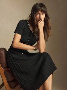 2026 Vestido de suéter con cuello de encaje para mujer - Negro - Ver 2