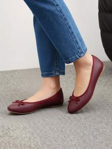 Zapatos dama antideslizante punta redonda lazo plana clásico elegante diario escuela bailarina - Rojo - Ver 2