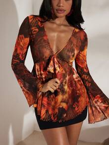 Opulessa Top da donna con scollo a V, maniche a campana e stampa in maglia, adatto per vacanze, Ognissanti, Natale, Capodanno, Ringraziamento, feste eleganti, matrimoni in autunno/inverno, laurea - Arancione - Visualizzare 3