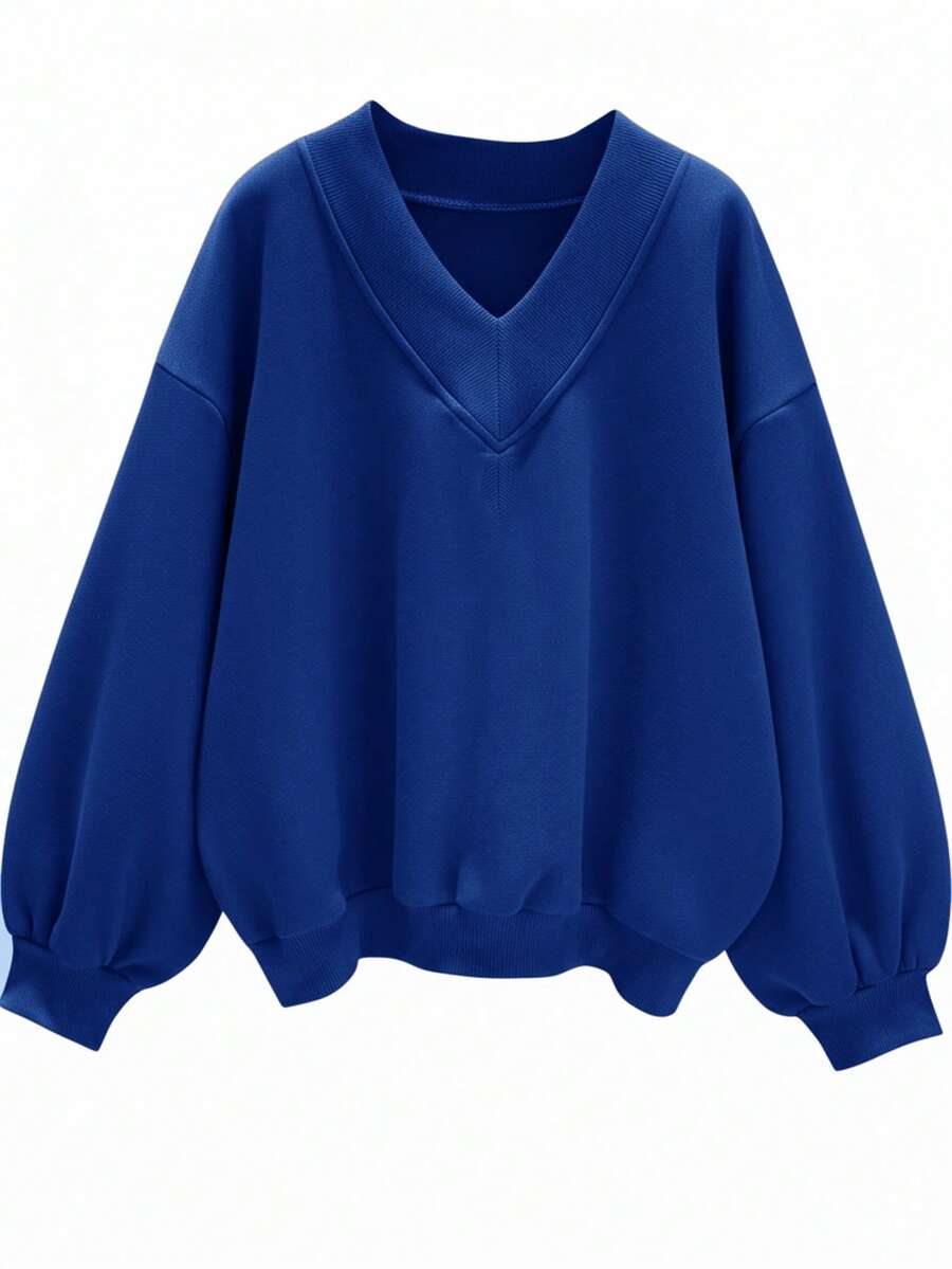 SHEIN EZwear 女式超大V领宽松休闲运动衫，适合秋冬季，海军蓝