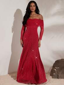 Opulessa Vestido elegante de manga larga con hombros descubiertos, plisado y de unicolor - Burdeos - Ver 4
