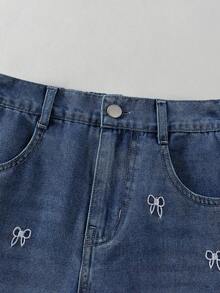 Tween Girls Y2K Style Vintage Medium Wash Blue Denim, White Butterfly Embroidered, Straight Loose Fit Jeans, Soft & Comfortable Fabric, Casual & Fashionable, Girls Denim Pants