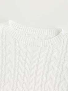 SHEIN Franclia 女士休闲时尚年轻简约百搭通勤圆领扭绳灯笼袖套头衫，秋冬 - 白色 - 查看 4