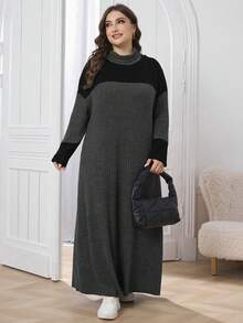 Lacomfia Đầm Maxi Dài Tay Cổ Cao Xòe Phối Màu Tương Phản Cho Nữ Size Lớn, Dáng Rộng, Mùa Thu, Thường Ngày, Áo Thun, Mặc Hàng Ngày - Xám - Xem 3