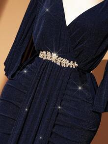 Rometta 大码女式高弹力闪亮面料法式设计修身优雅收腰性感长裙，适合秋冬季、返校、毕业典礼、节日、情人节、圣诞节、音乐节、母亲节、万圣节、感恩节、复活节、国庆节、舞会、约会、派对、婚礼、郊游 - 藏蓝色 - 查看 4