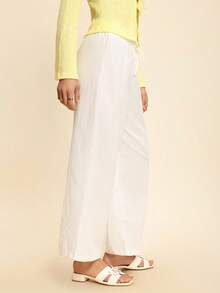 Coeurva Frilled Waist Solid Wide Leg Pants - White - View 5