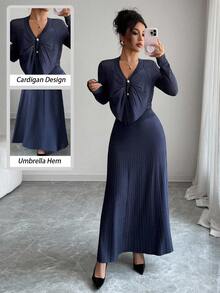 Elenzga Conjunto de punto elegante azul marino, hilo metálico brillante de alta gama, diseño de nicho de cárdigan y falda evasé, opción cómoda para fiestas vintage, viajes al trabajo y salidas en otoño/invierno - Azul - Ver 1